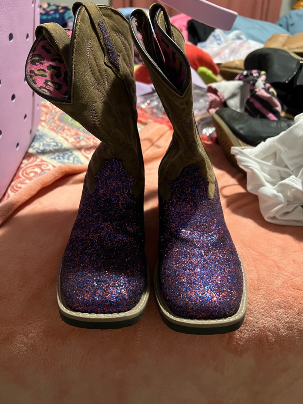 Kids Glitter Cowboy Boots - Purple/Blue Glitter with Brown Shaft